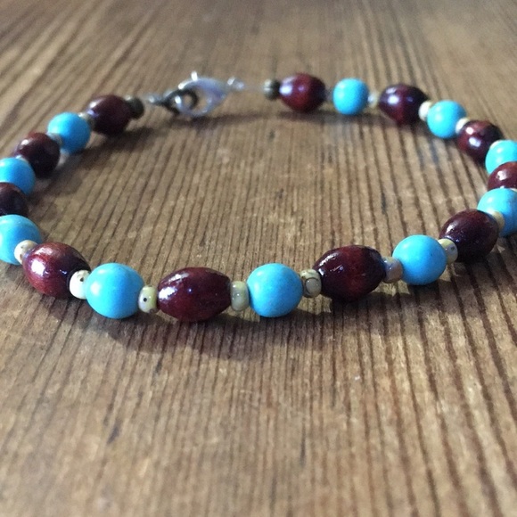 Hand Crafted Other - Men's 8 inches Wood and Turquoise Beaded Bracelet, Handmade Men's Bracelet